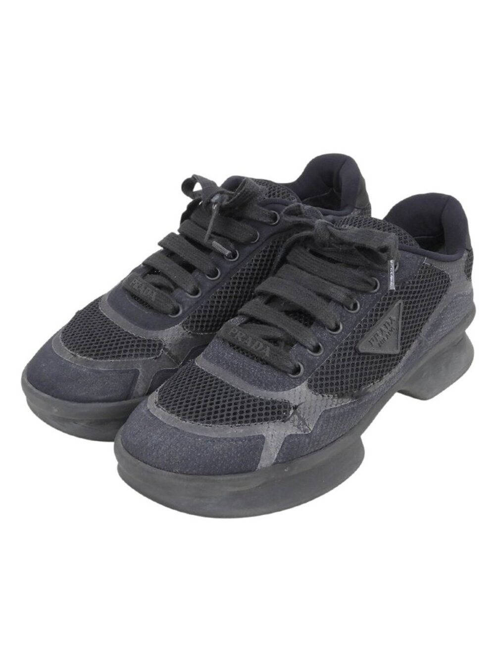 Prada Mesh Fabric Triangle Logo Low Cut Heels Sneakers Black